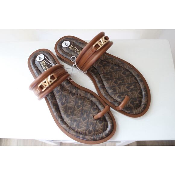 Michael Kors Veronica Flat Thong Sandals Double Strap MK Logo Brown Size 6 - Picture 2 of 9